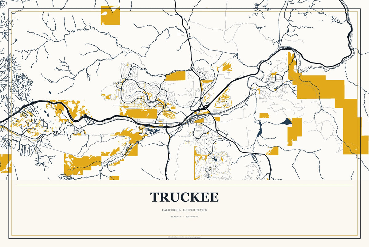 Truckee, California City Map Aluminum Sign in Citrine Modern style
