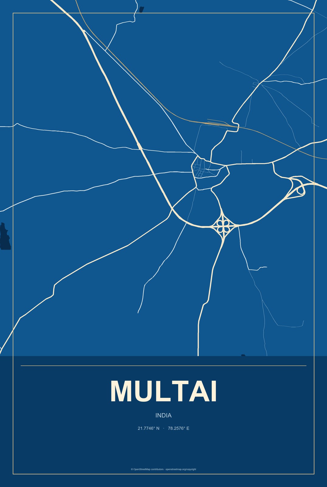 Multai, India City Map Aluminum Sign in Harbor Cobalt style