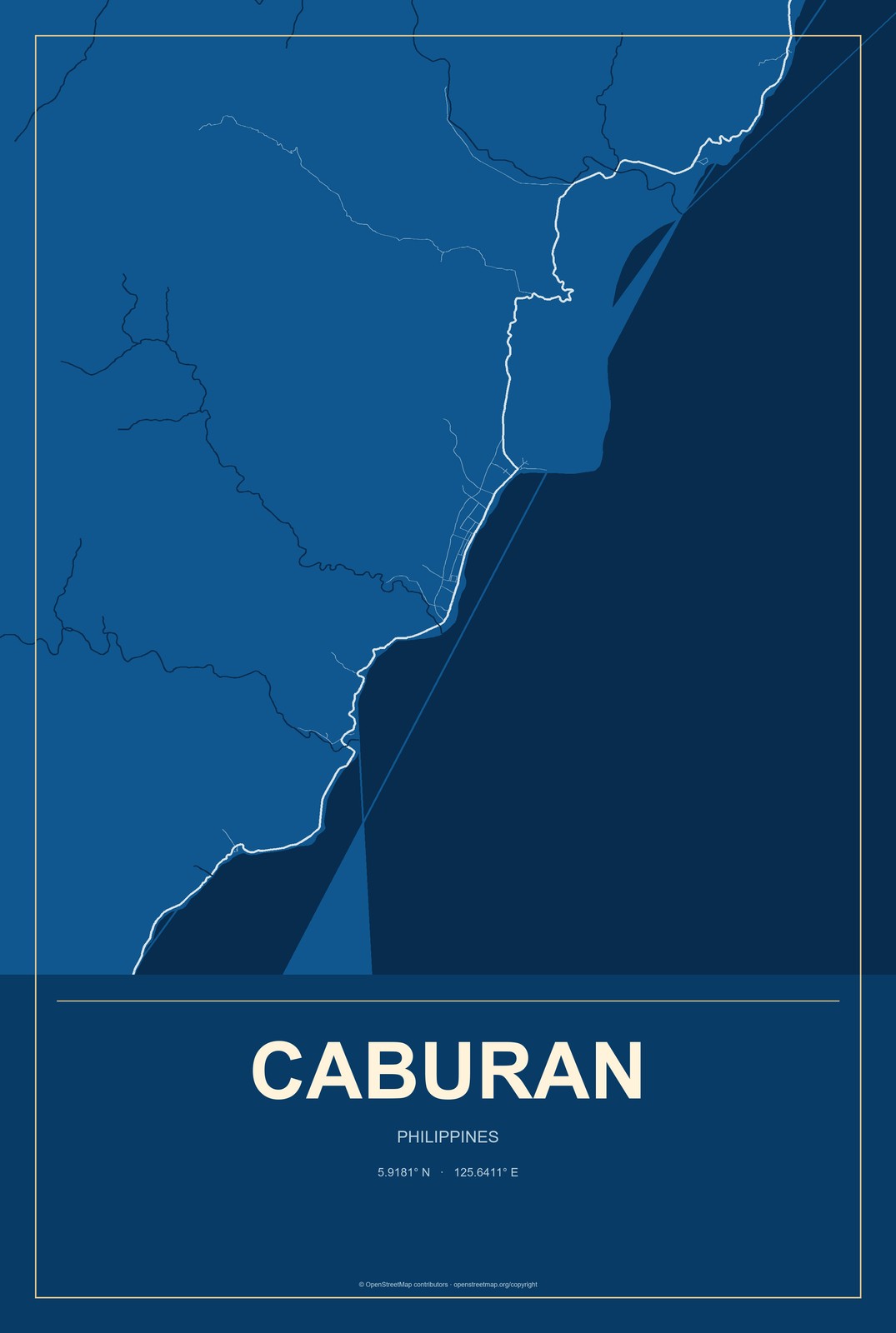 Caburan, Philippines City Map Aluminum Sign in Harbor Cobalt style