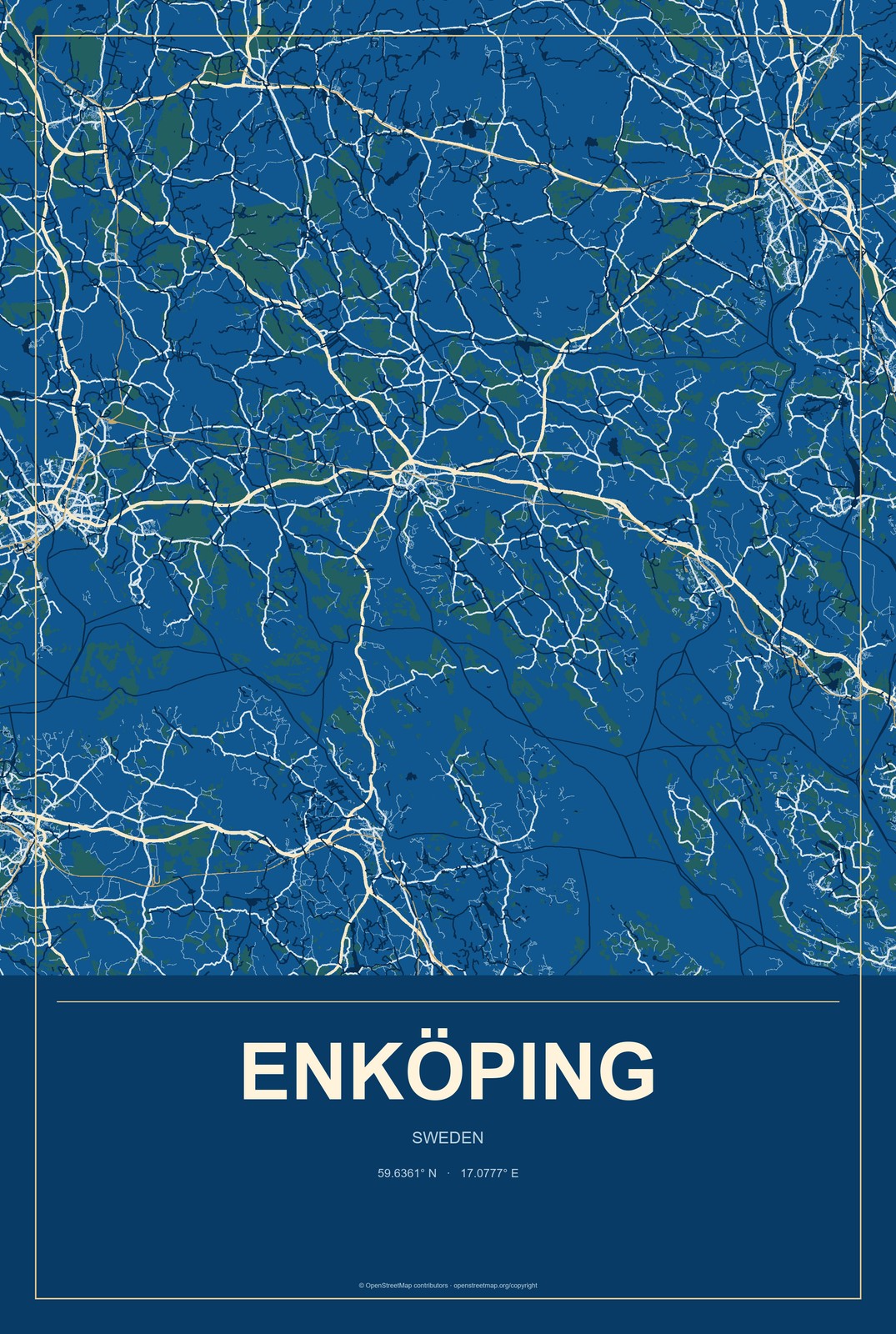 Enköping, Sweden City Map Aluminum Sign in Harbor Cobalt style