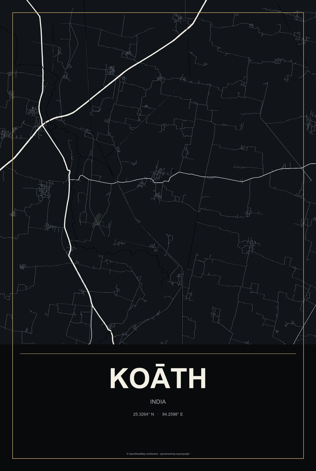 Koāth, India City Map Aluminum Sign in Metropolitan Noir style