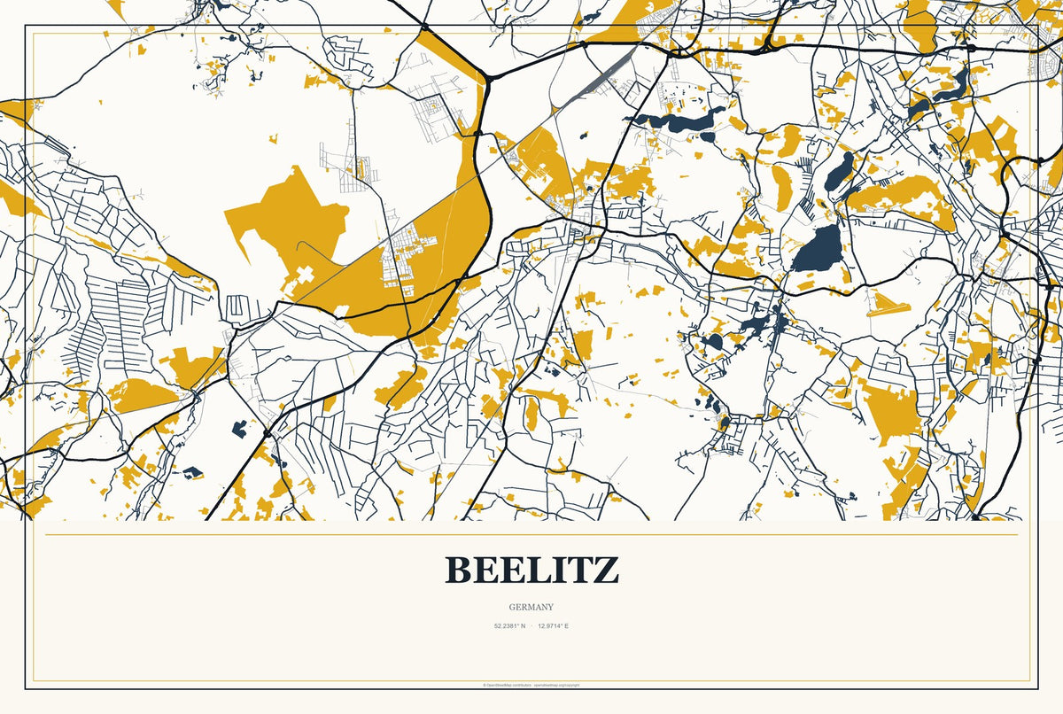 Beelitz, Germany City Map Aluminum Sign in Citrine Modern style
