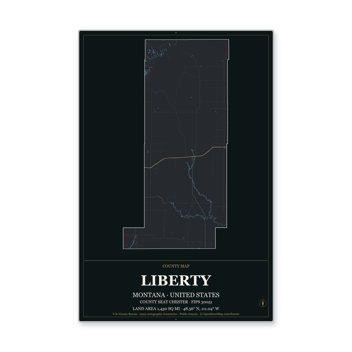 Liberty County, Montana Map Aluminum Sign in Metropolitan Noir style