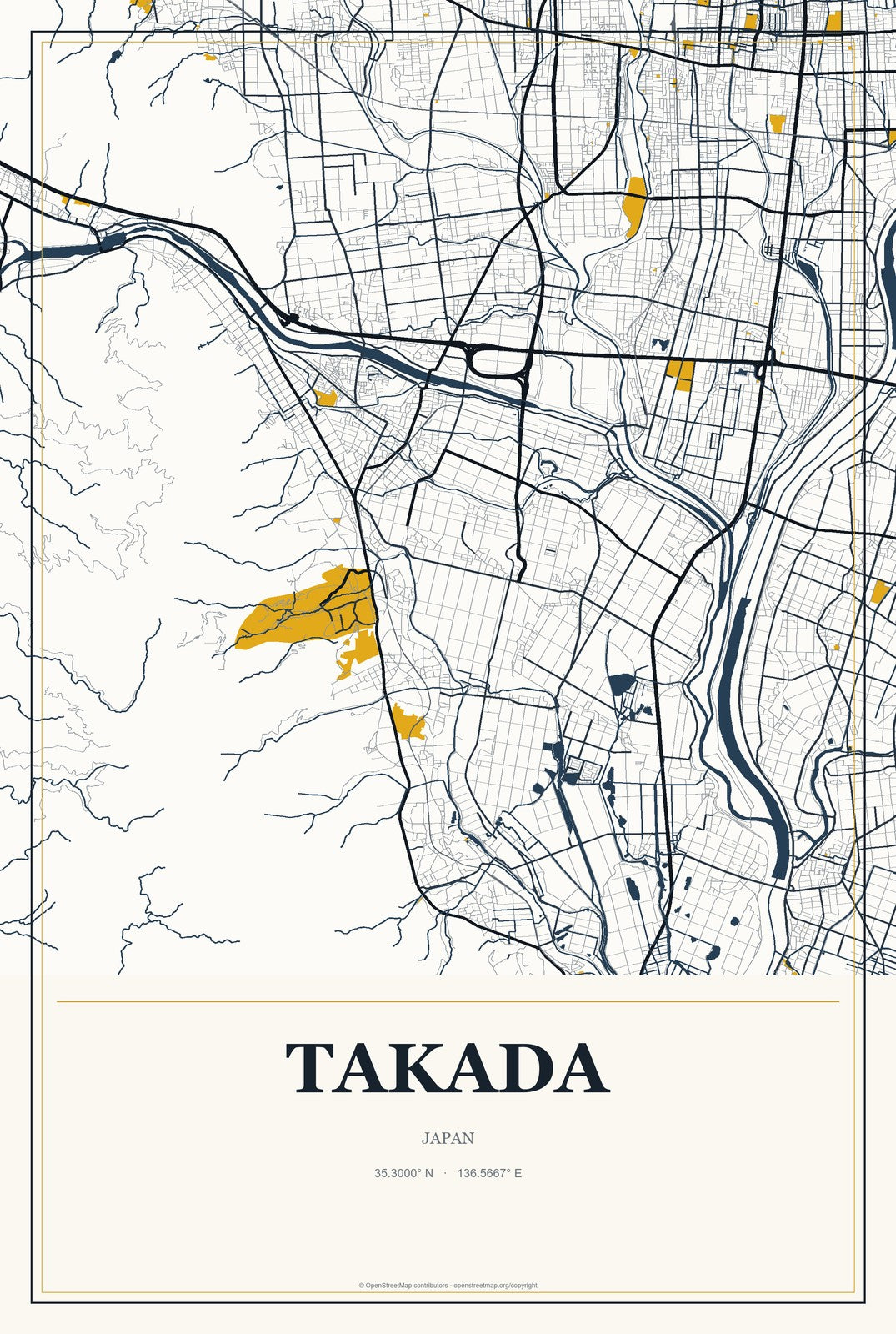 Takada, Japan City Map Aluminum Sign in Citrine Modern style