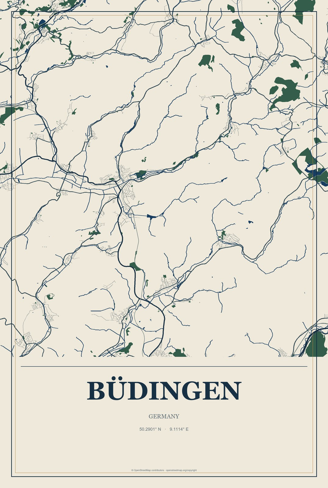 Büdingen, Germany City Map Aluminum Sign in Coastal Cutout style