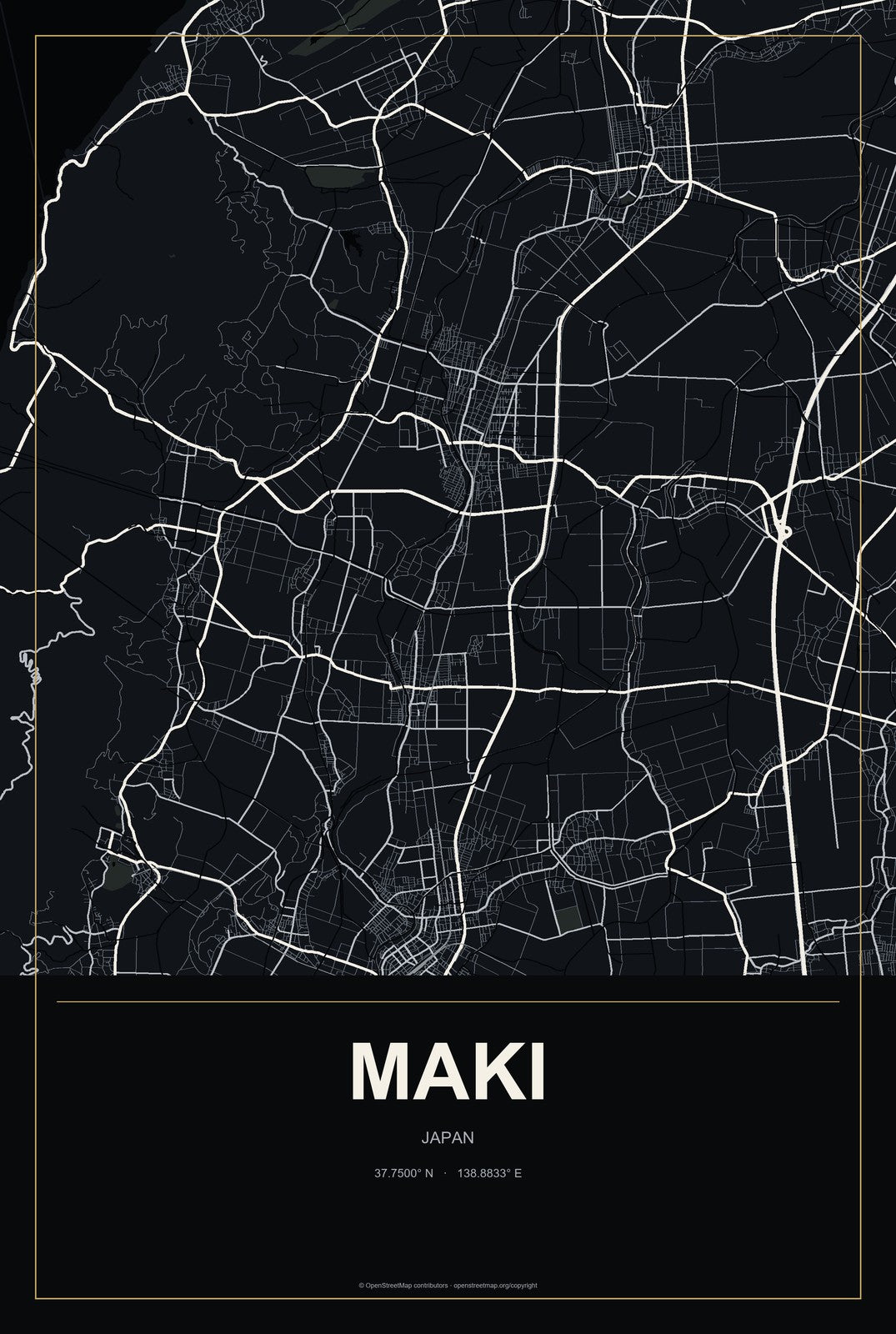 Maki, Japan City Map Aluminum Sign in Metropolitan Noir style