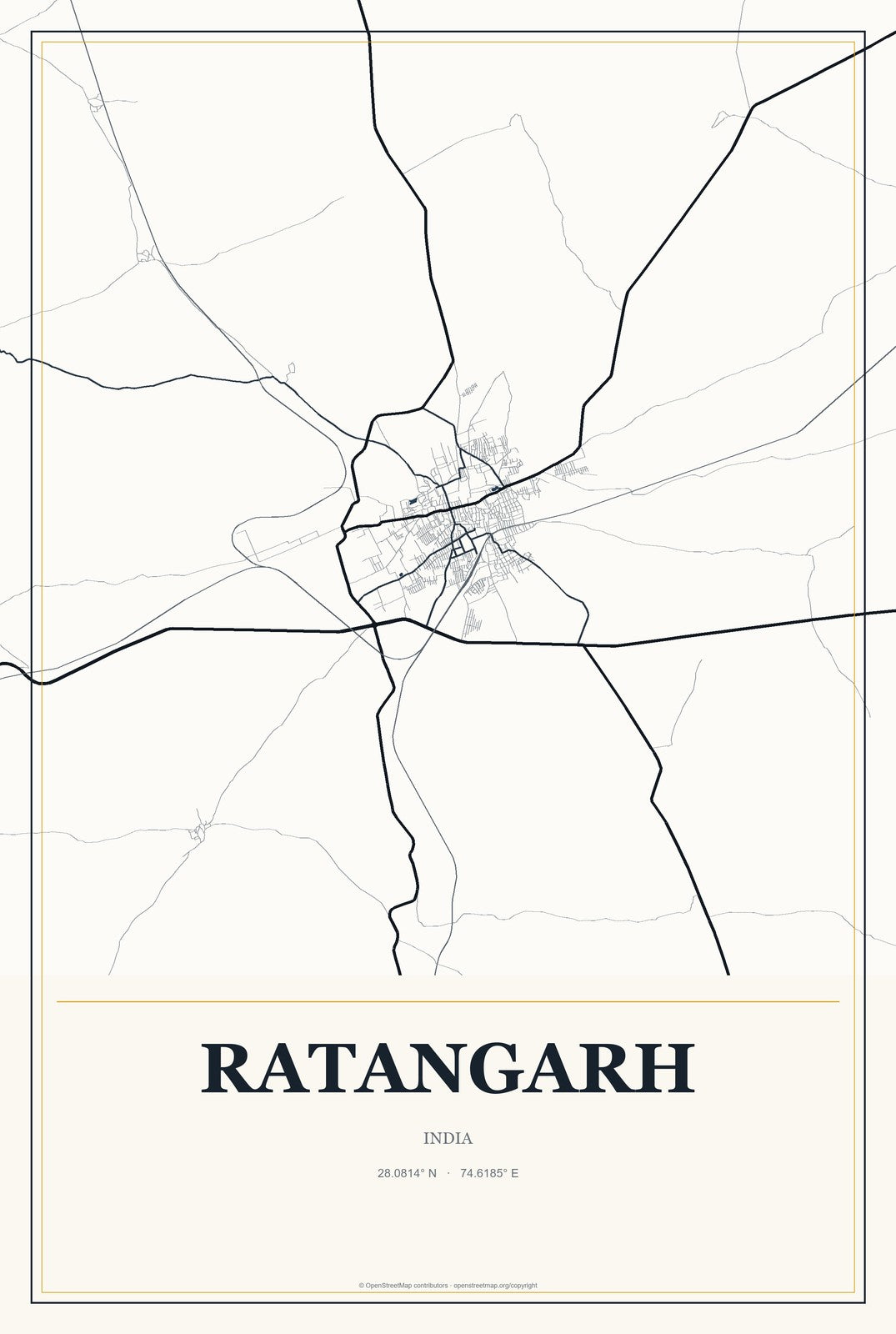 Ratangarh, India City Map Aluminum Sign in Citrine Modern style