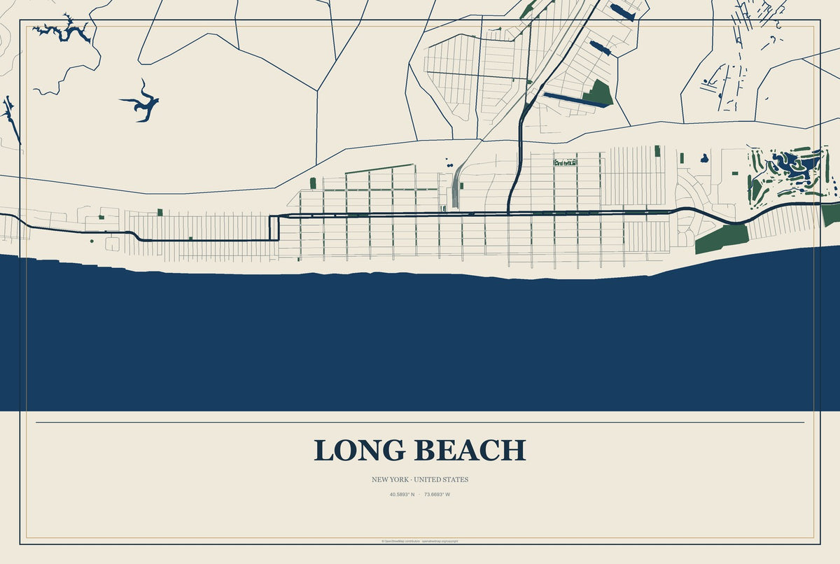 Long Beach, New York City Map Aluminum Sign in Coastal Cutout style