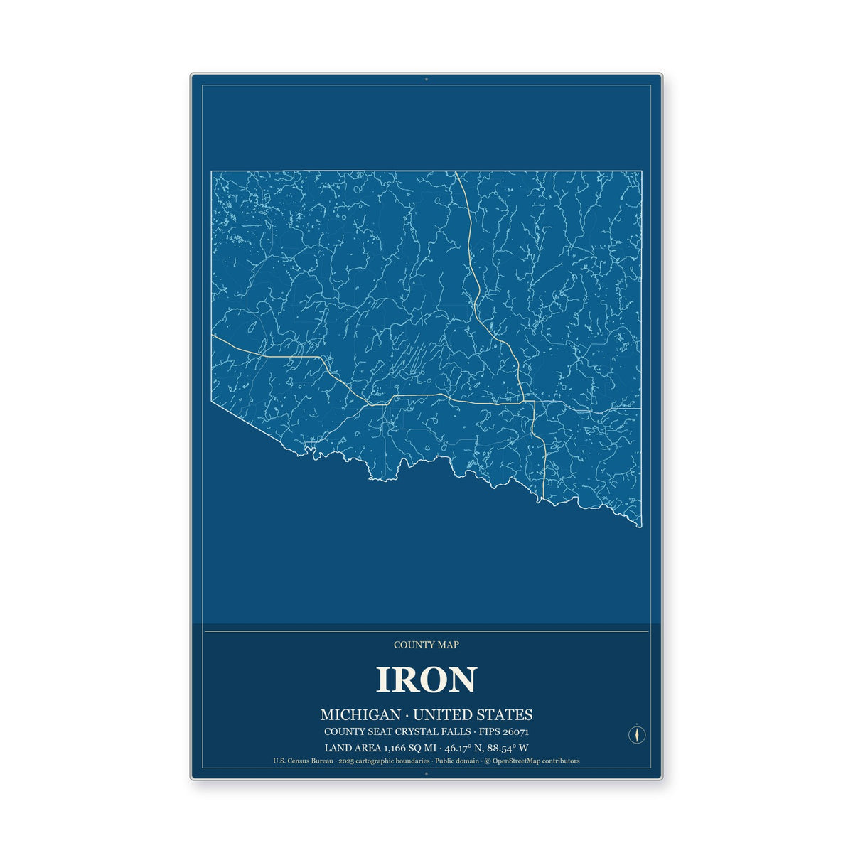 Iron County, Michigan Map Aluminum Sign in Harbor Cobalt style