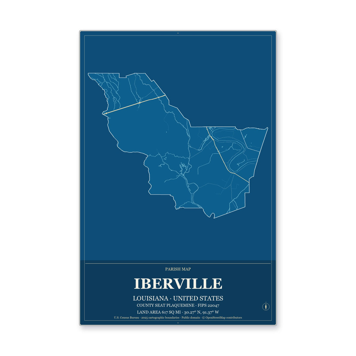 Iberville Parish, Louisiana Map Aluminum Sign in Harbor Cobalt style