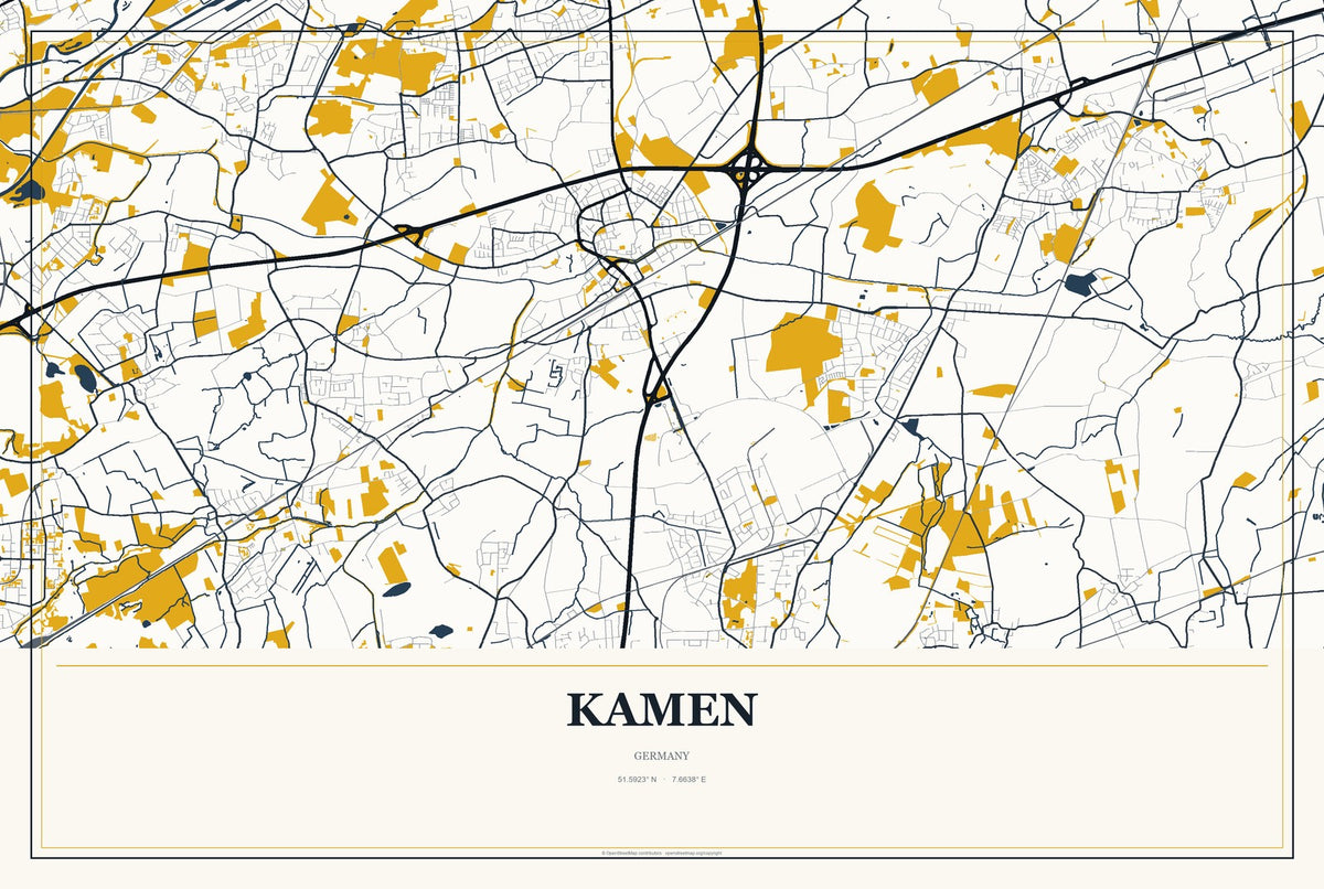 Kamen, Germany City Map Aluminum Sign in Citrine Modern style