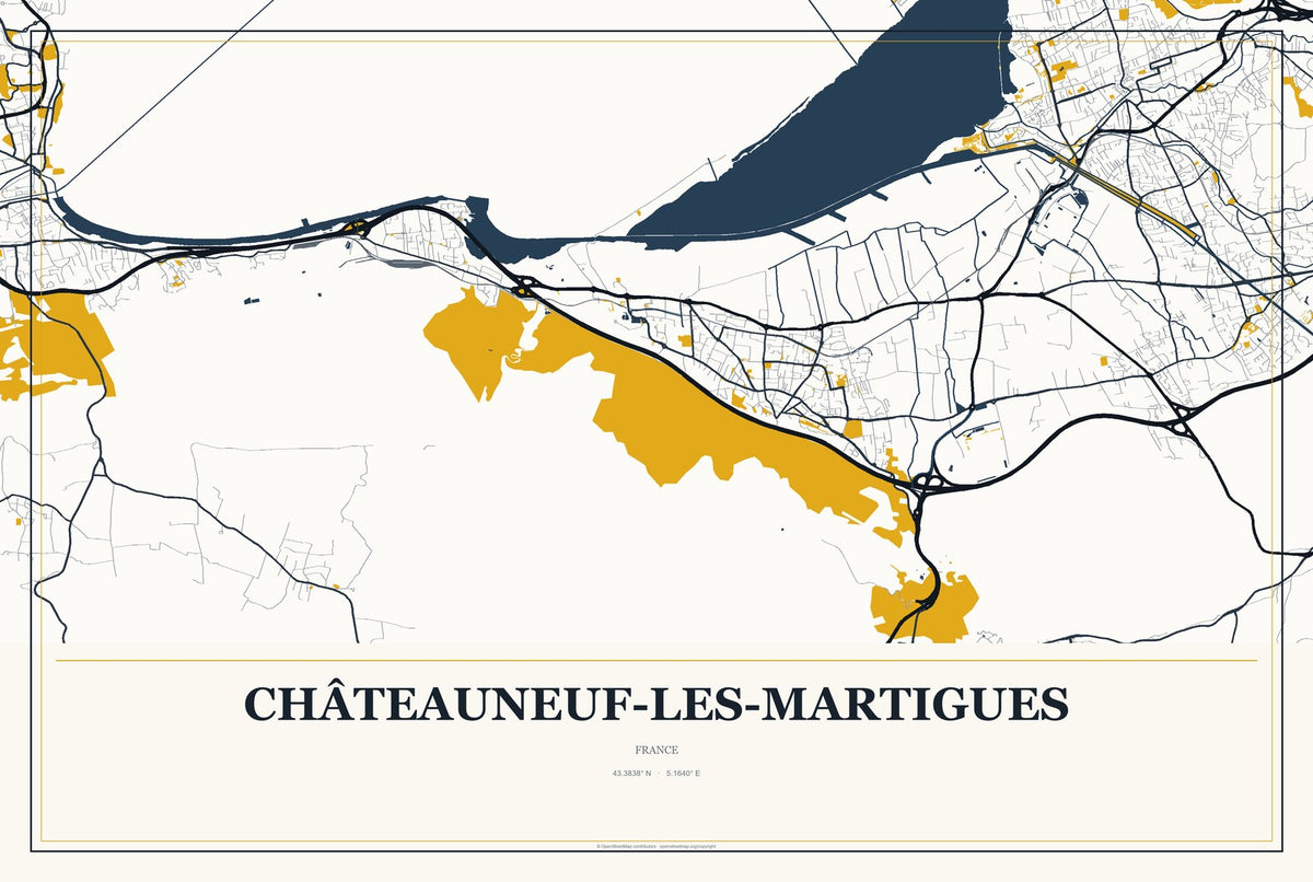 Châteauneuf-les-Martigues, France City Map Aluminum Sign in Citrine Modern style