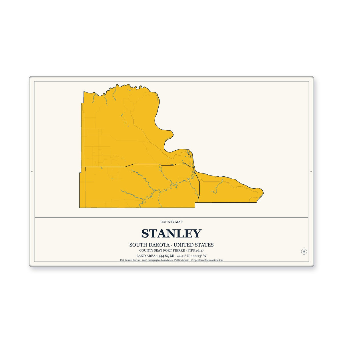 Stanley County, South Dakota Map Aluminum Sign in Citrine Modern style