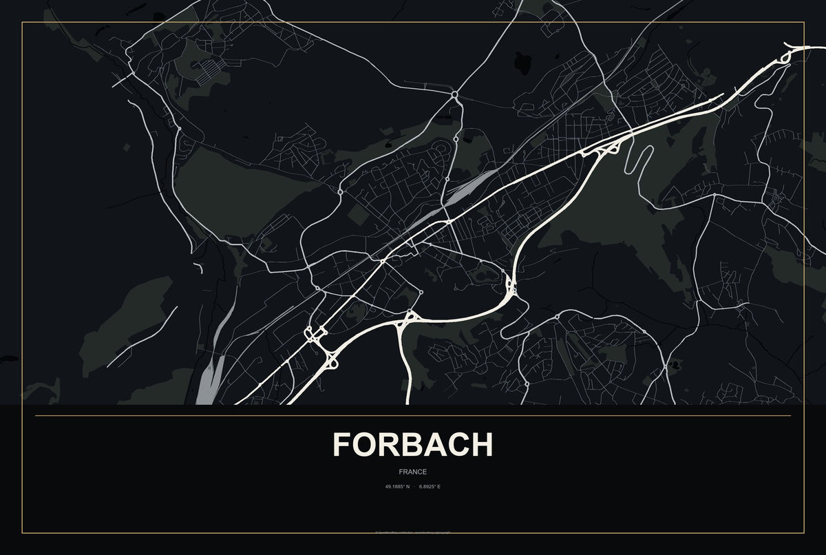 Forbach, France City Map Aluminum Sign in Metropolitan Noir style