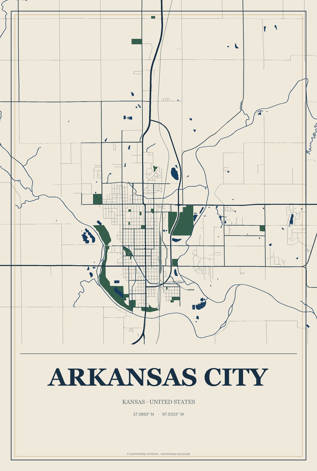 Arkansas City, Kansas City Map Aluminum Sign in Coastal Cutout style