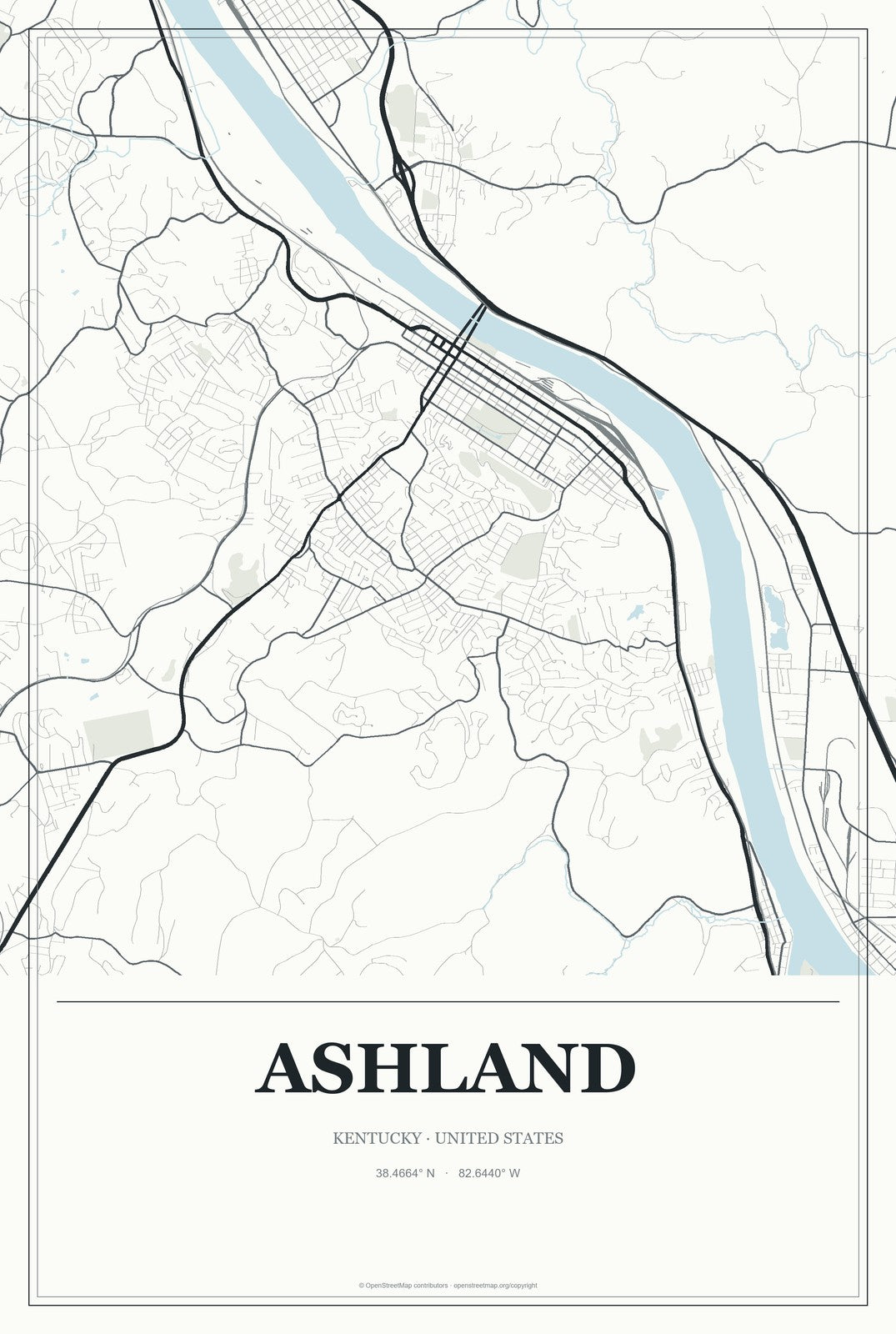 Ashland, Kentucky City Map Aluminum Sign in Gallery Air style