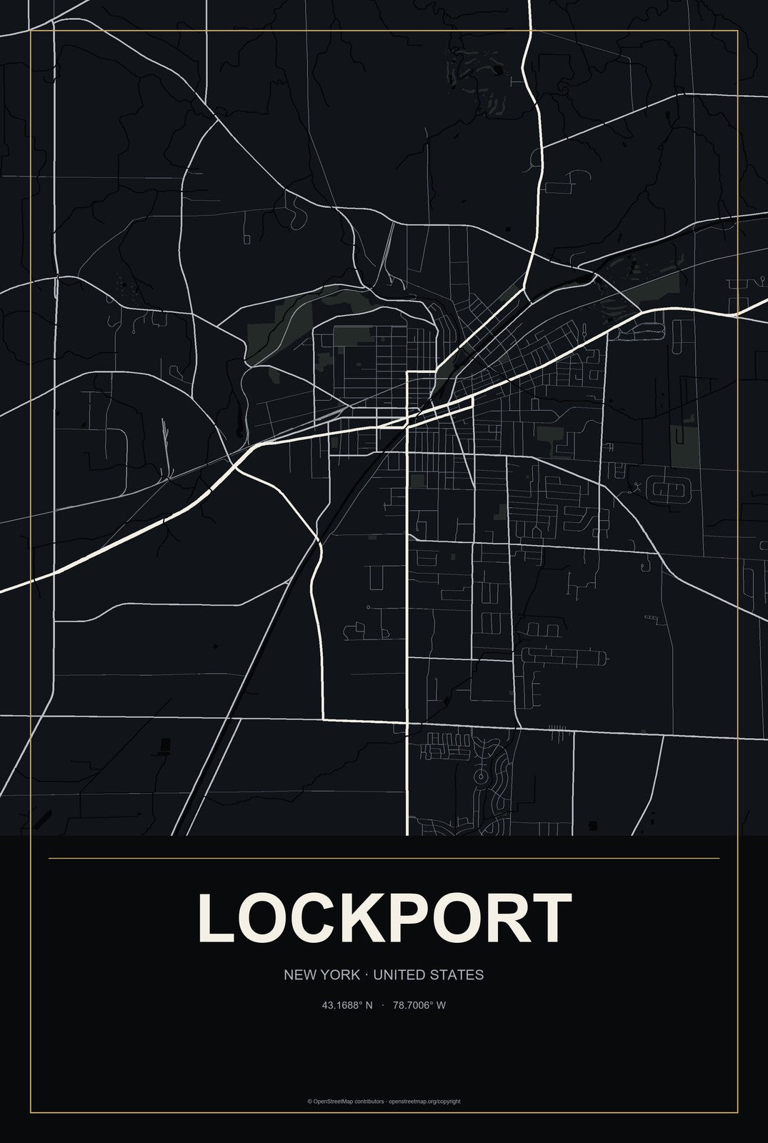 Lockport, New York City Map Aluminum Sign in Metropolitan Noir style