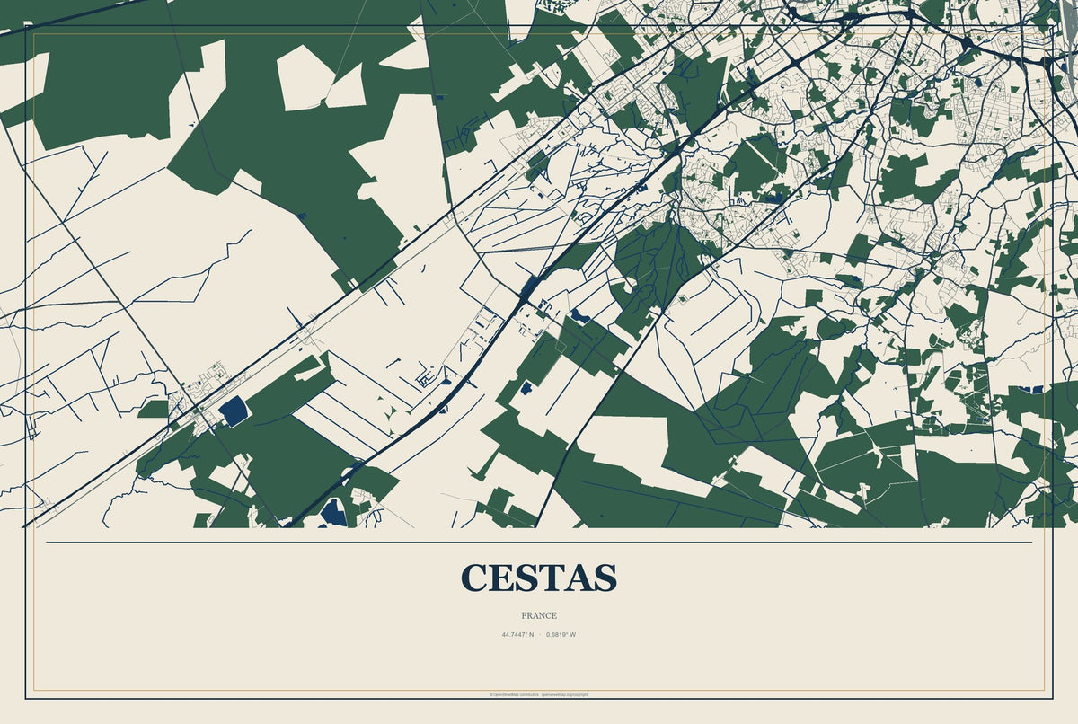 Cestas, France City Map Aluminum Sign in Coastal Cutout style