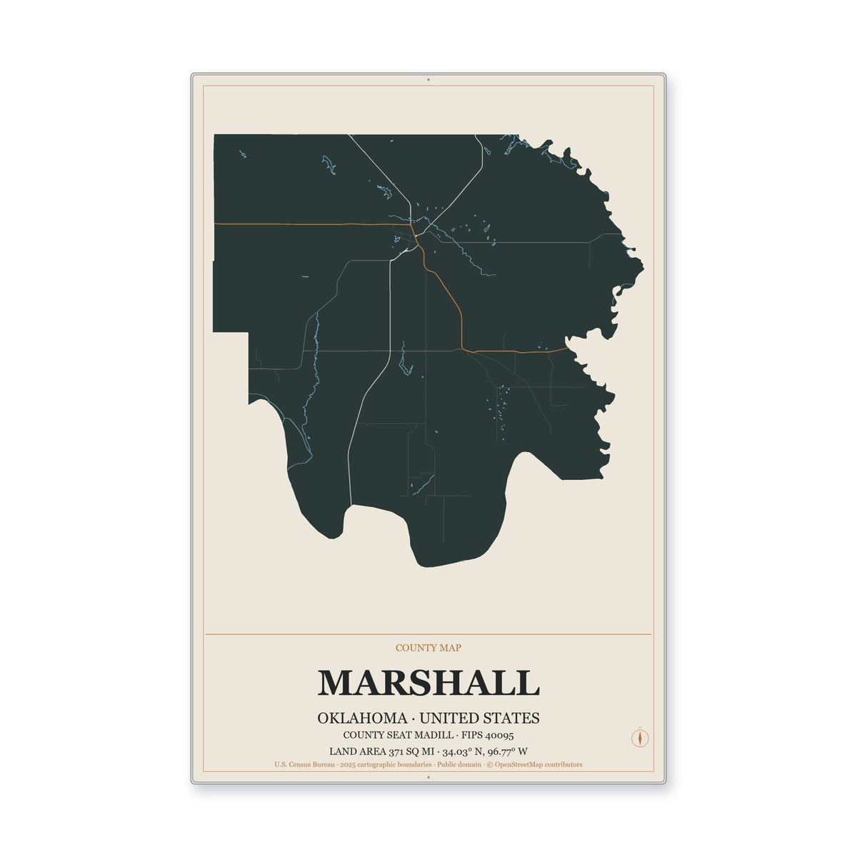 Marshall County, Oklahoma Map Aluminum Sign in Headline Atlas style