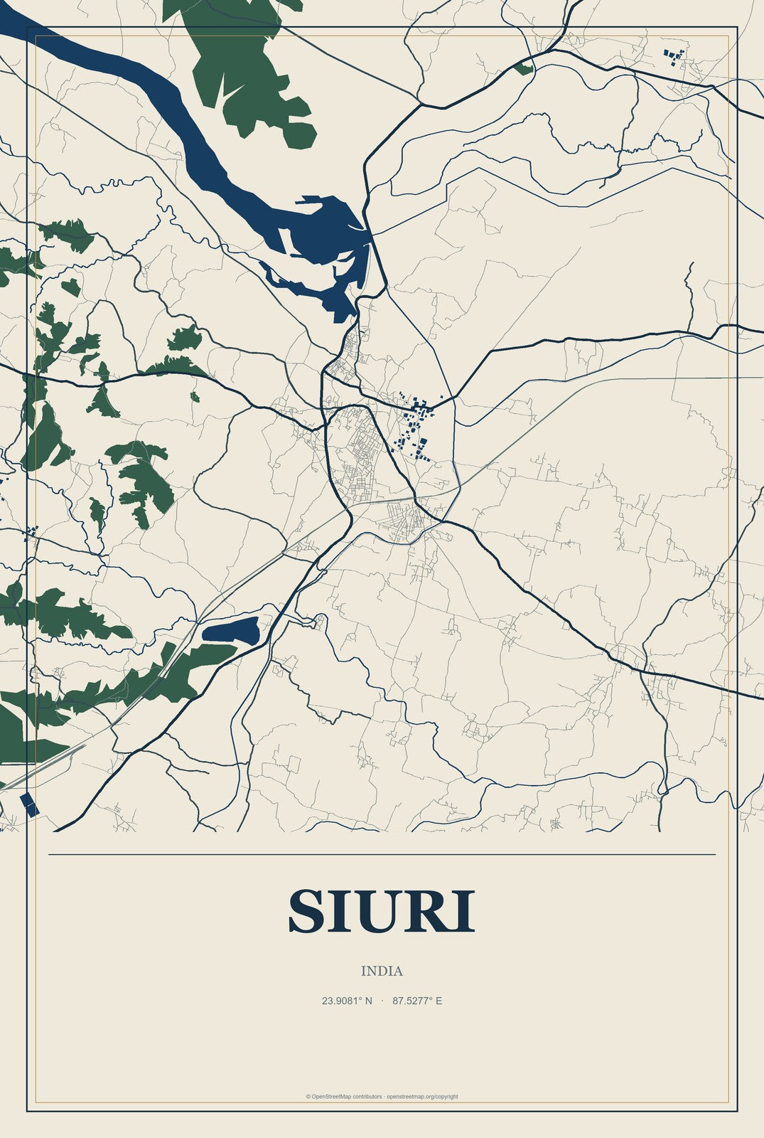 Siuri, India City Map Aluminum Sign in Coastal Cutout style