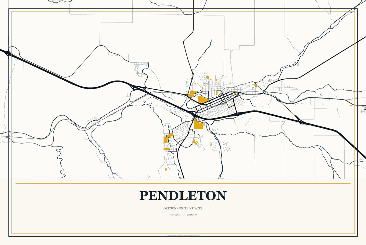 Pendleton, Oregon City Map Aluminum Sign in Citrine Modern style