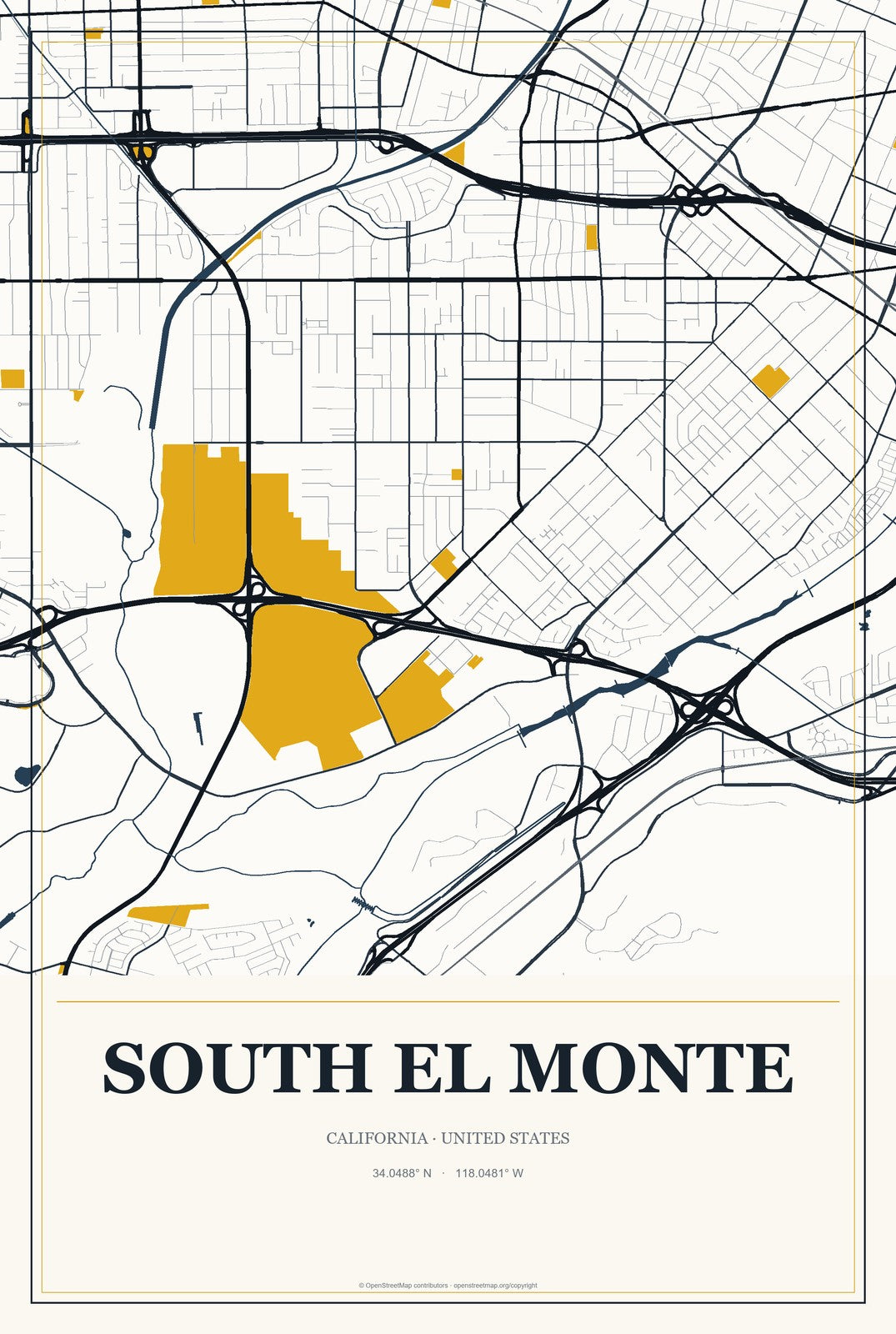 South El Monte, California City Map Aluminum Sign in Citrine Modern style