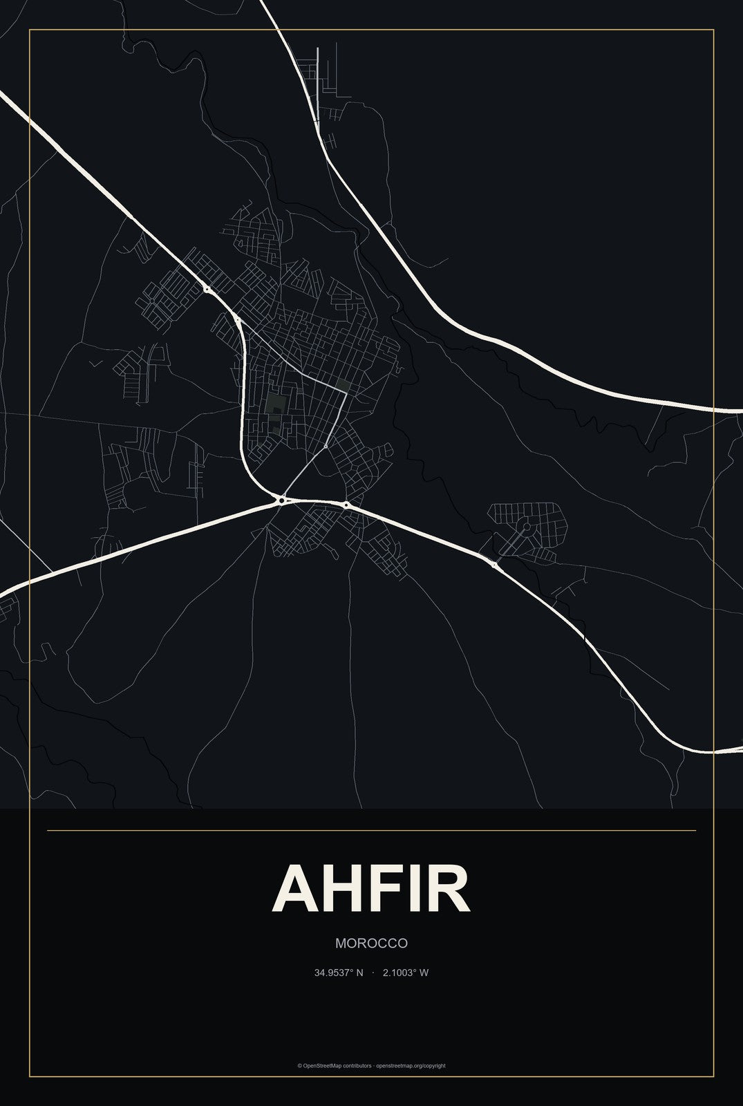 Ahfir, Morocco City Map Aluminum Sign in Metropolitan Noir style