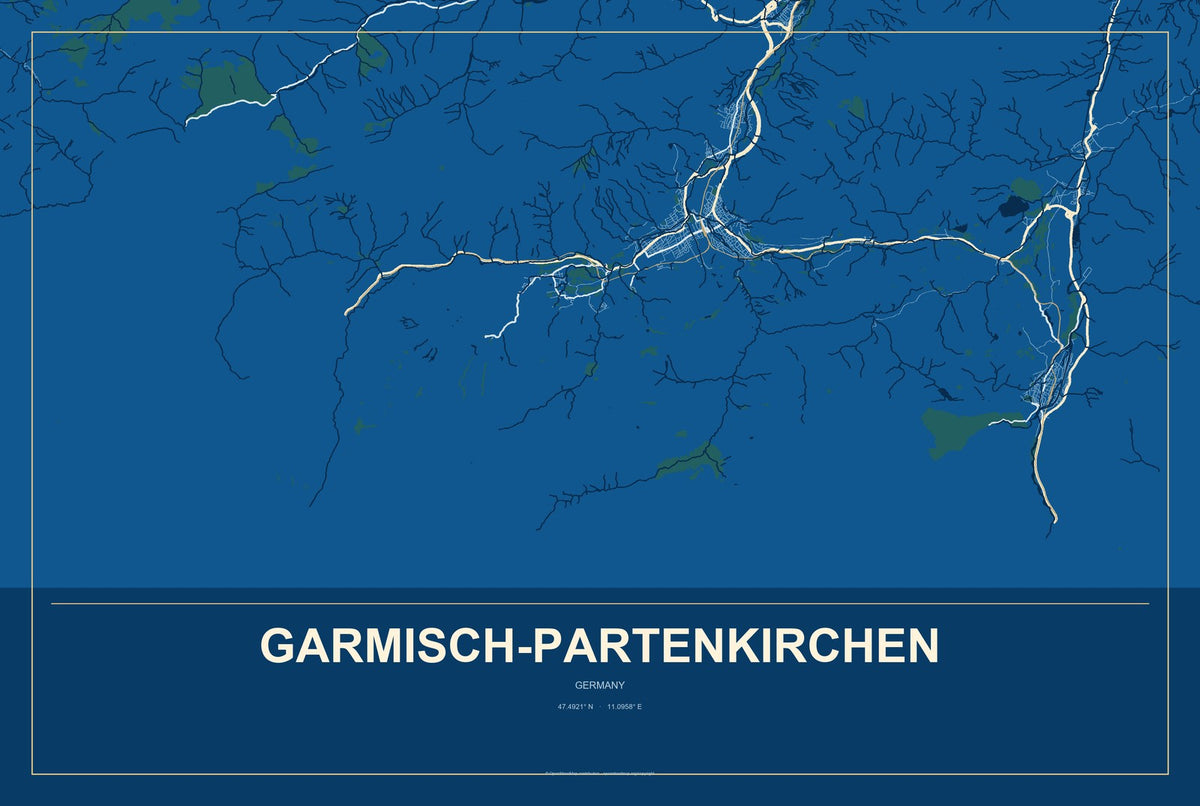 Garmisch-Partenkirchen, Germany City Map Aluminum Sign in Harbor Cobalt style