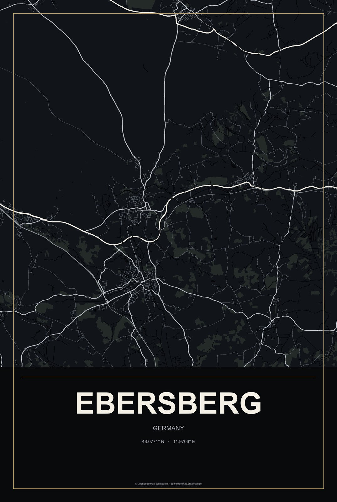 Ebersberg, Germany City Map Aluminum Sign in Metropolitan Noir style