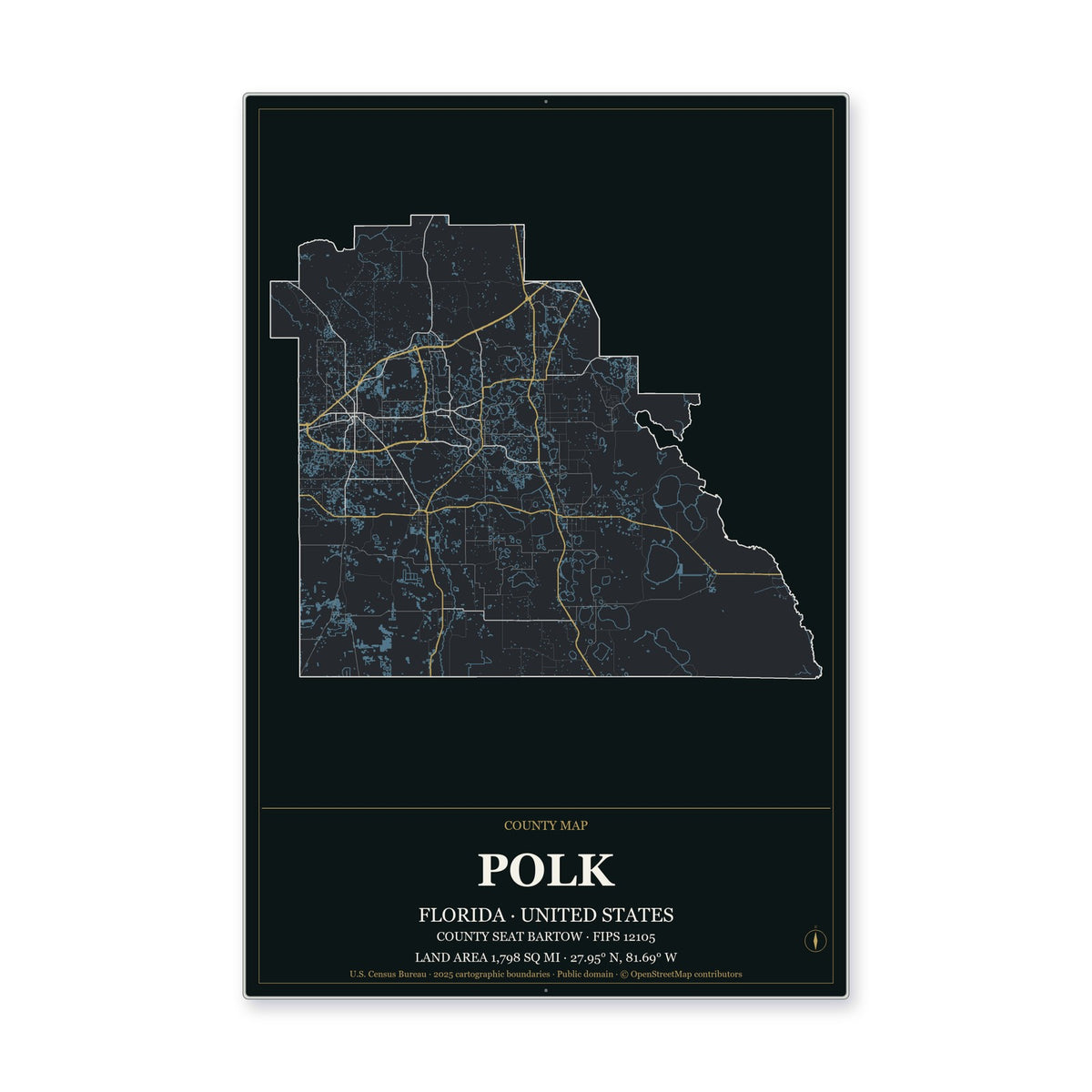 Polk County, Florida Map Aluminum Sign in Metropolitan Noir style