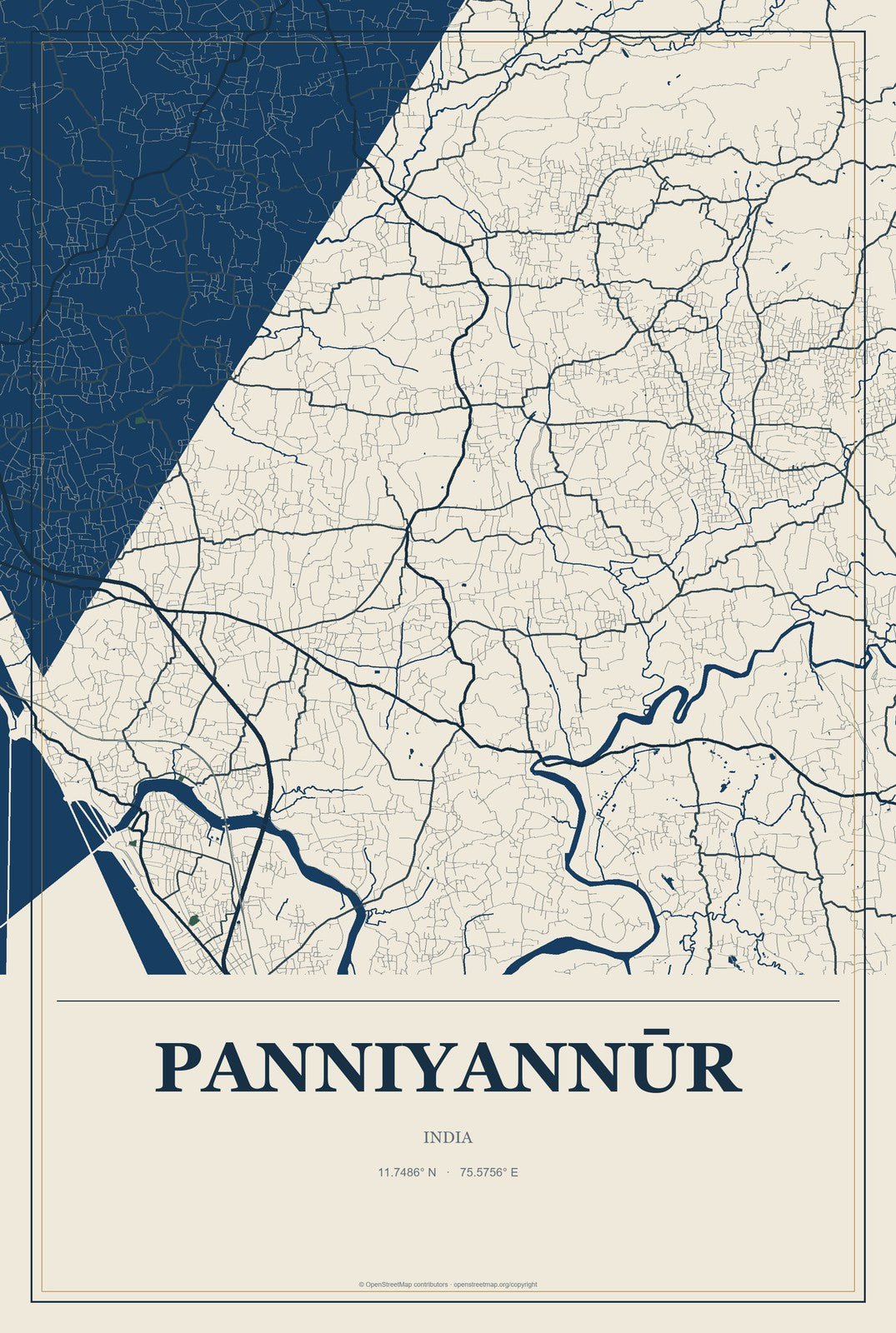 Panniyannūr, India City Map Aluminum Sign in Coastal Cutout style