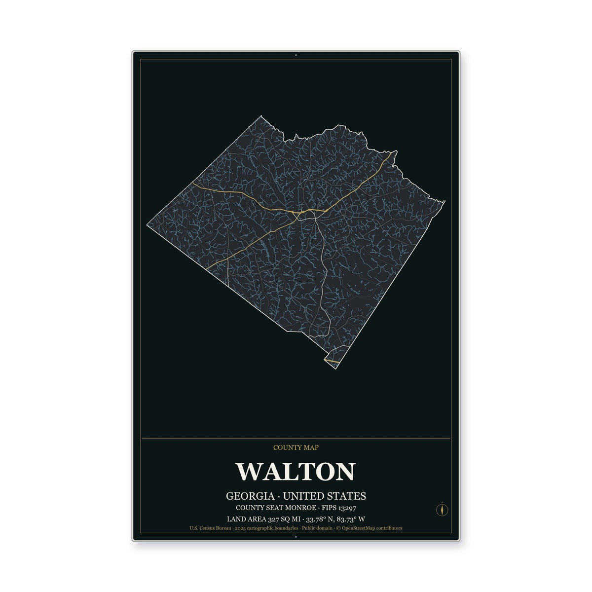 Walton County, Georgia Map Aluminum Sign in Metropolitan Noir style