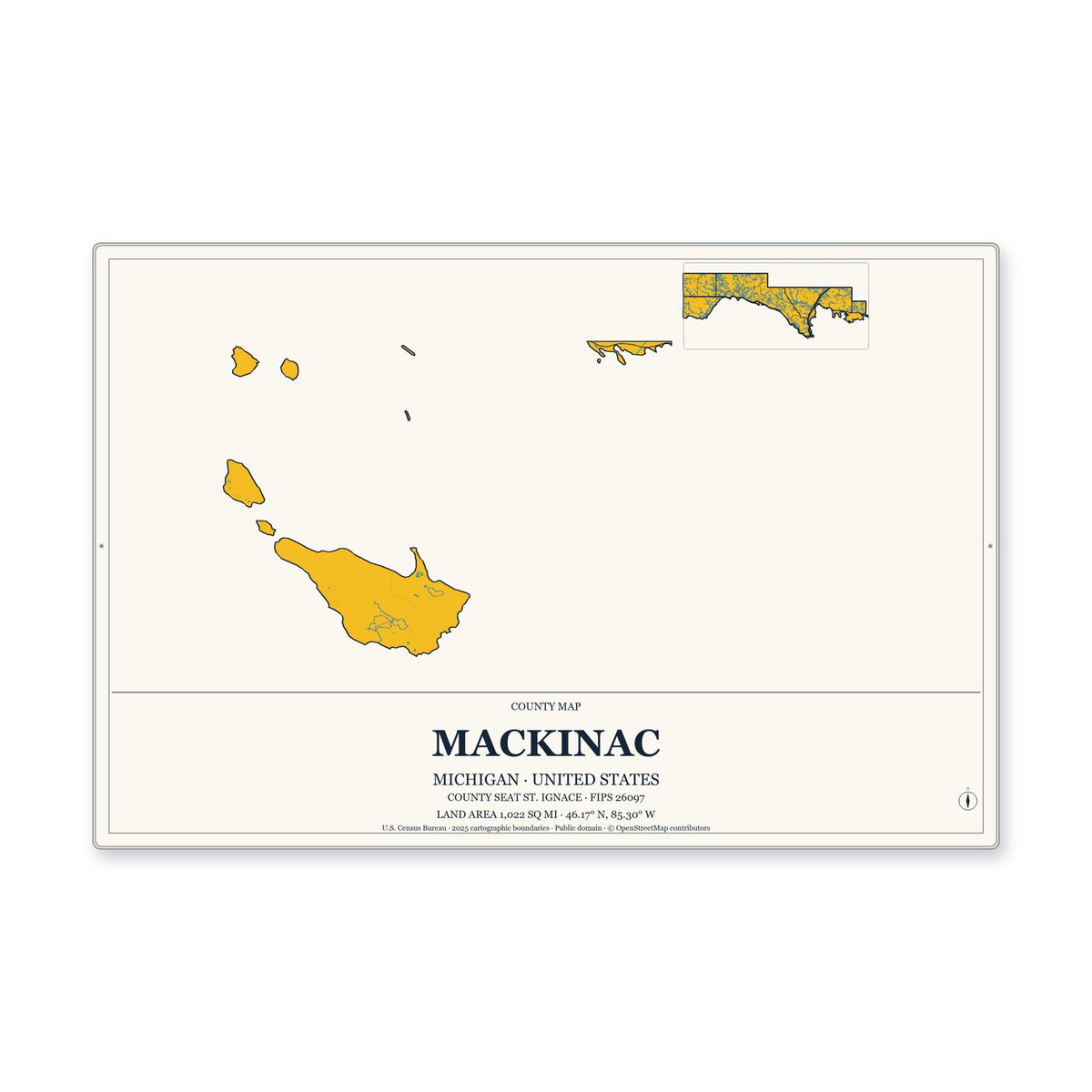 Mackinac County, Michigan Map Aluminum Sign in Citrine Modern style