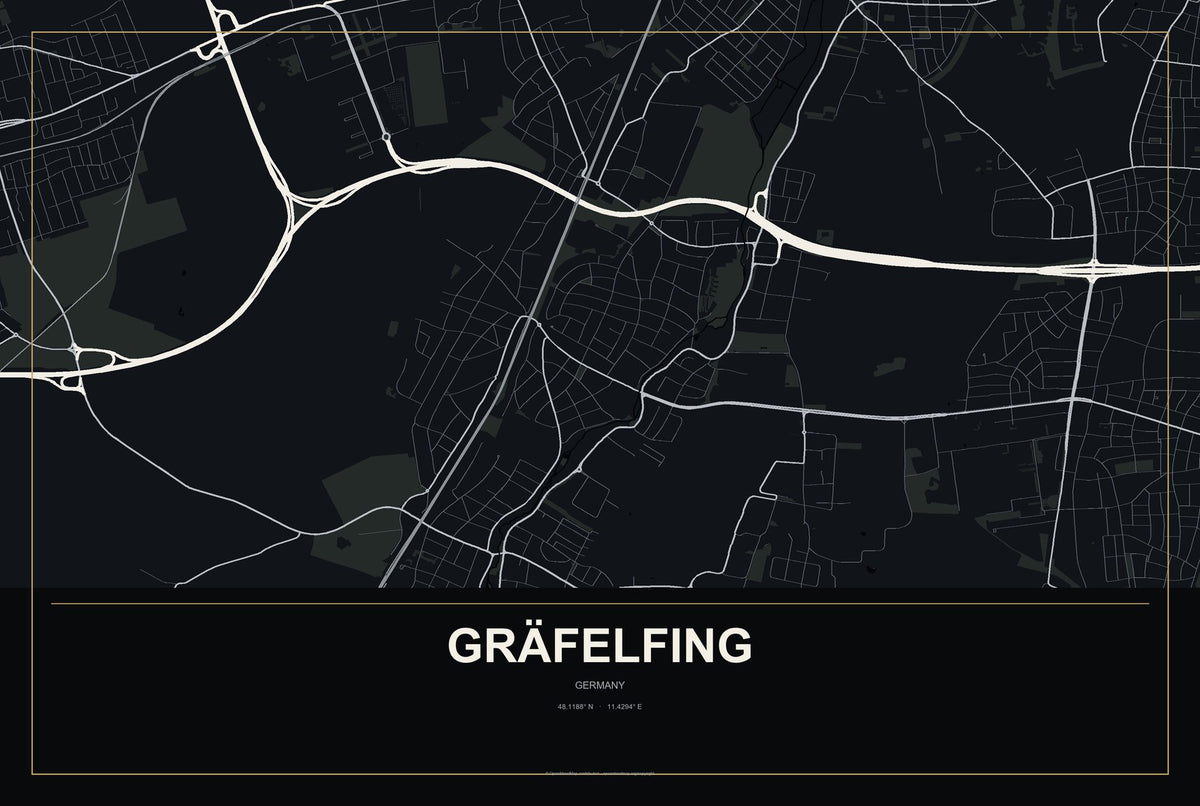 Gräfelfing, Germany City Map Aluminum Sign in Metropolitan Noir style