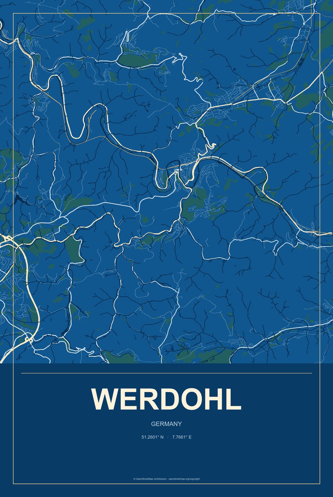 Werdohl, Germany City Map Aluminum Sign in Harbor Cobalt style