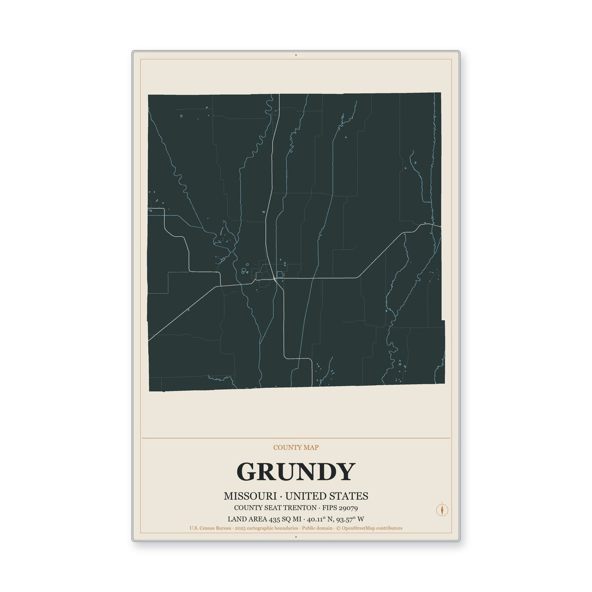 Grundy County, Missouri Map Aluminum Sign in Headline Atlas style