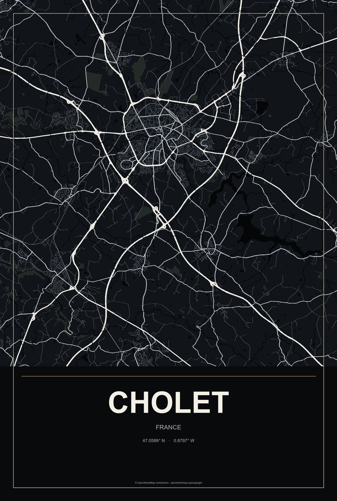 Cholet, France City Map Aluminum Sign in Metropolitan Noir style