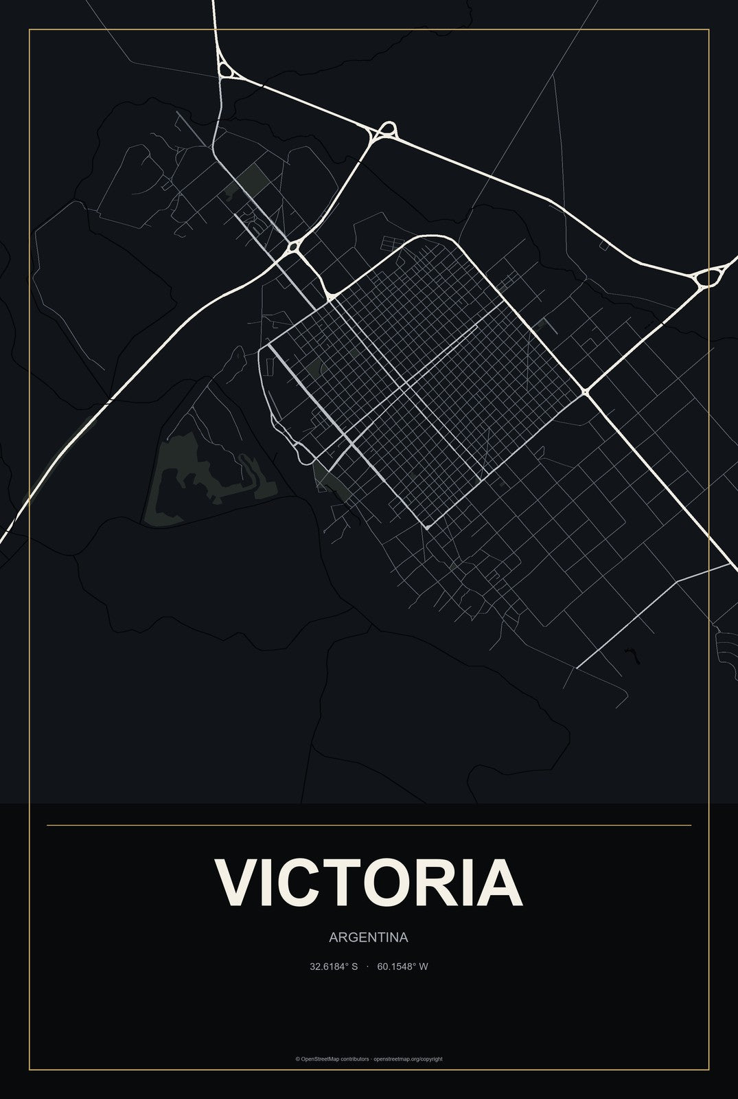 Victoria, Argentina City Map Aluminum Sign in Metropolitan Noir style