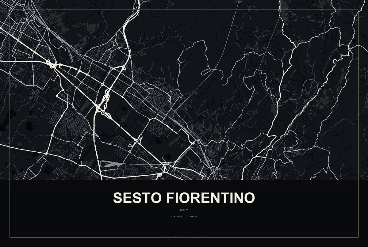 Sesto Fiorentino, Italy City Map Aluminum Sign in Metropolitan Noir style