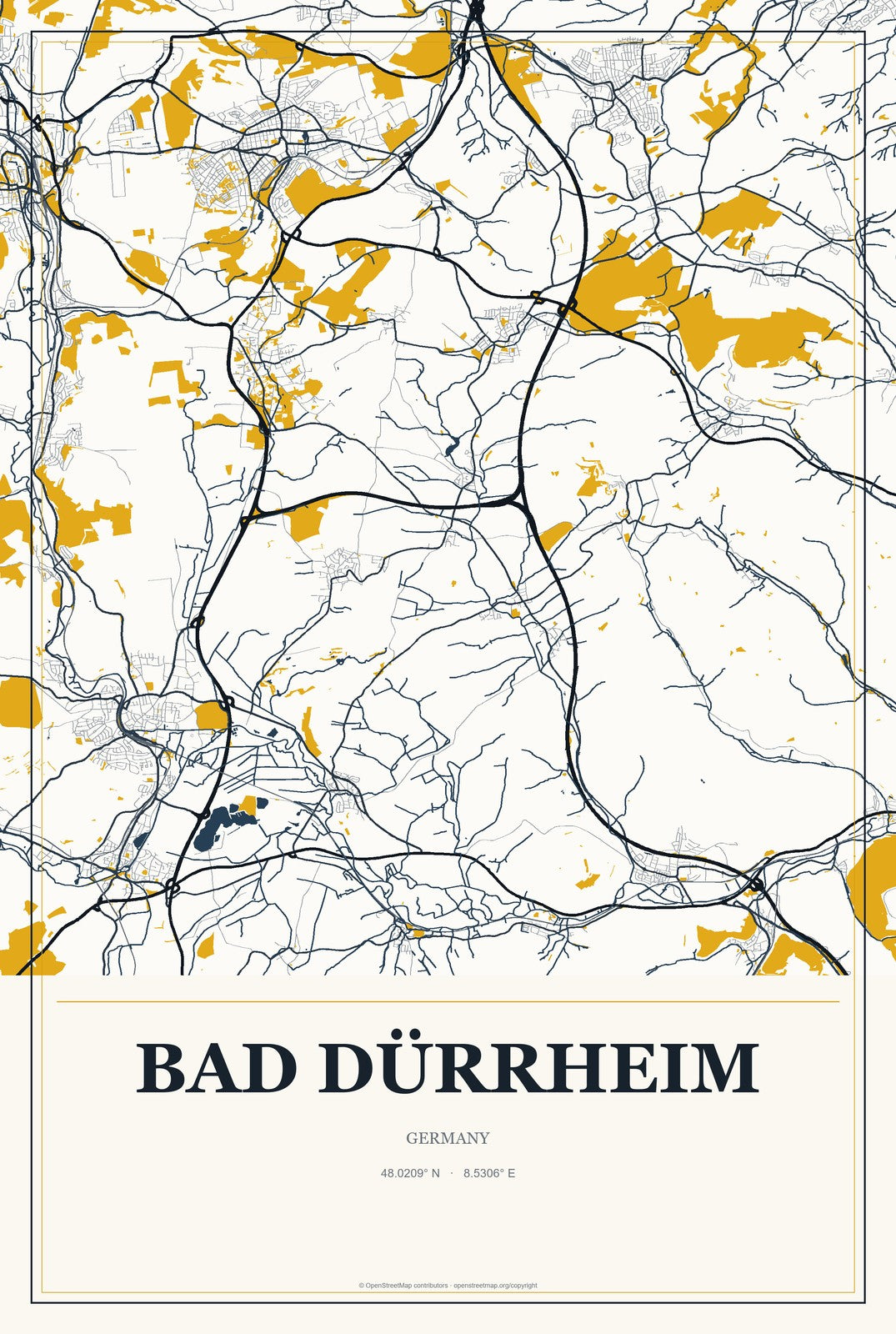 Bad Dürrheim, Germany City Map Aluminum Sign in Citrine Modern style