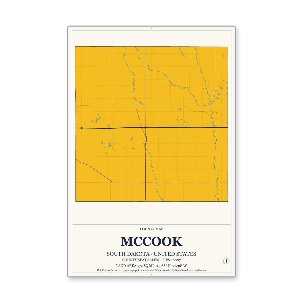 McCook County, South Dakota Map Aluminum Sign in Citrine Modern style