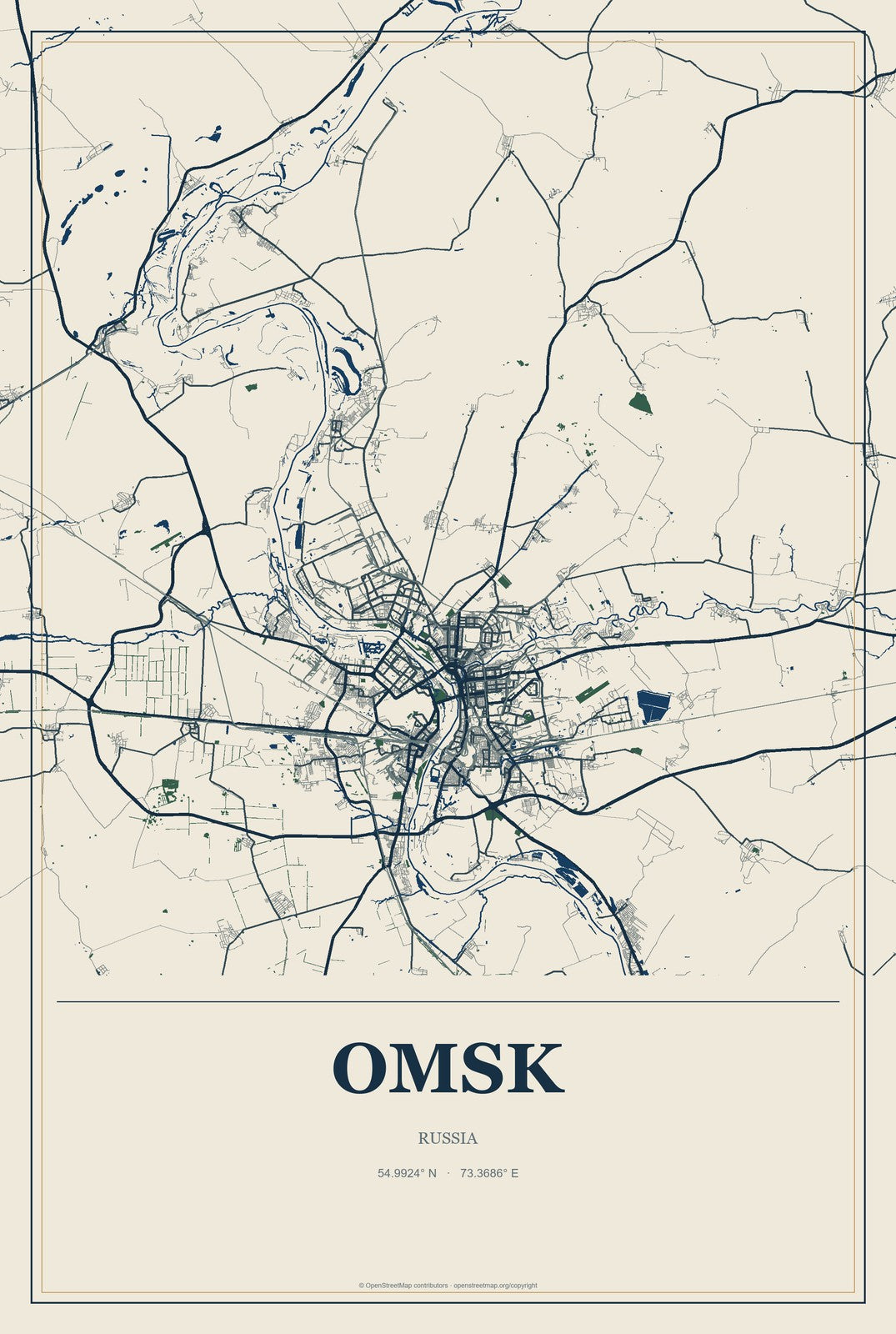 Omsk, Russia City Map Aluminum Sign in Coastal Cutout style