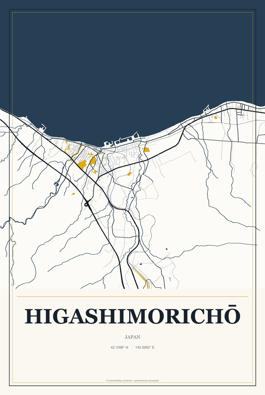 Higashimorichō, Japan City Map Aluminum Sign in Citrine Modern style
