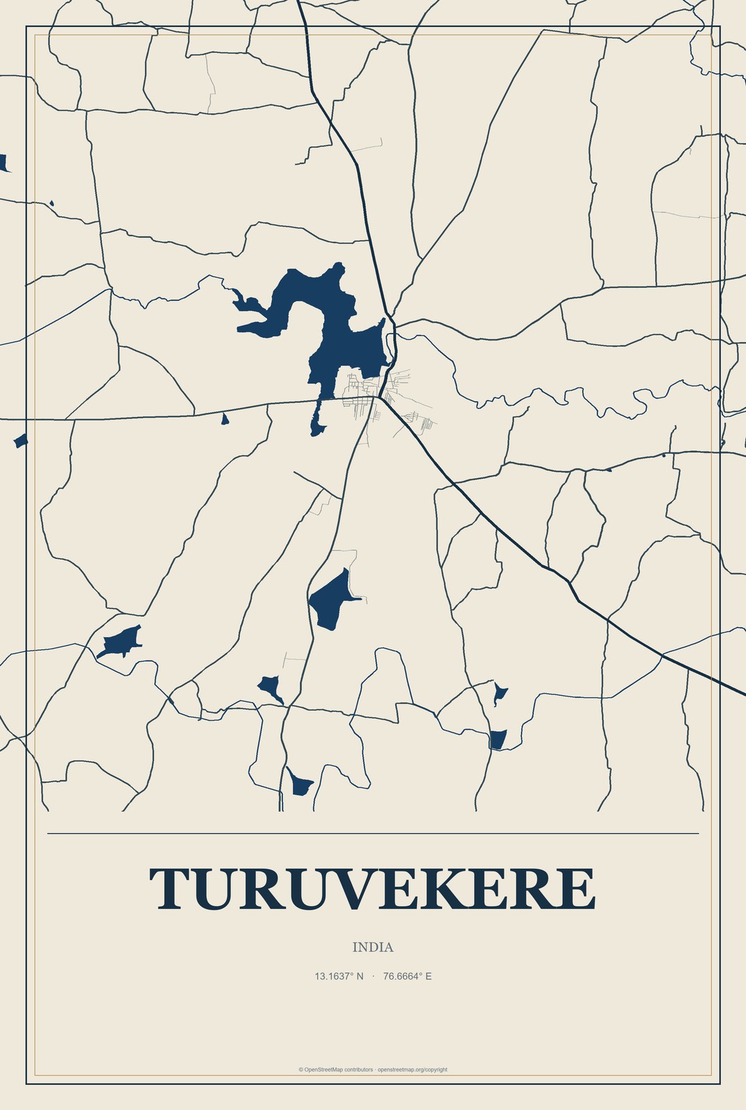 Turuvekere, India City Map Aluminum Sign in Coastal Cutout style