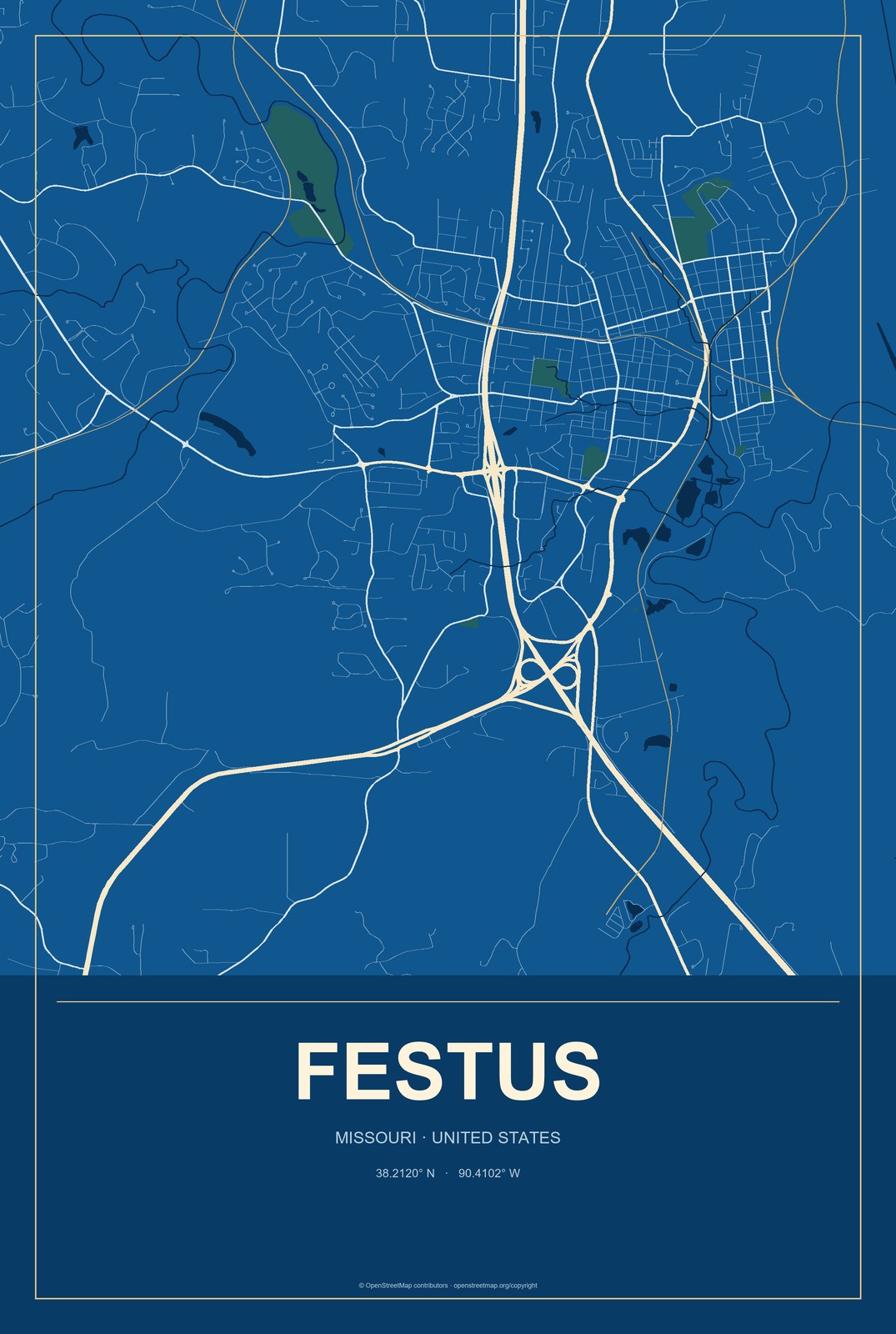 Festus, Missouri City Map Aluminum Sign in Harbor Cobalt style