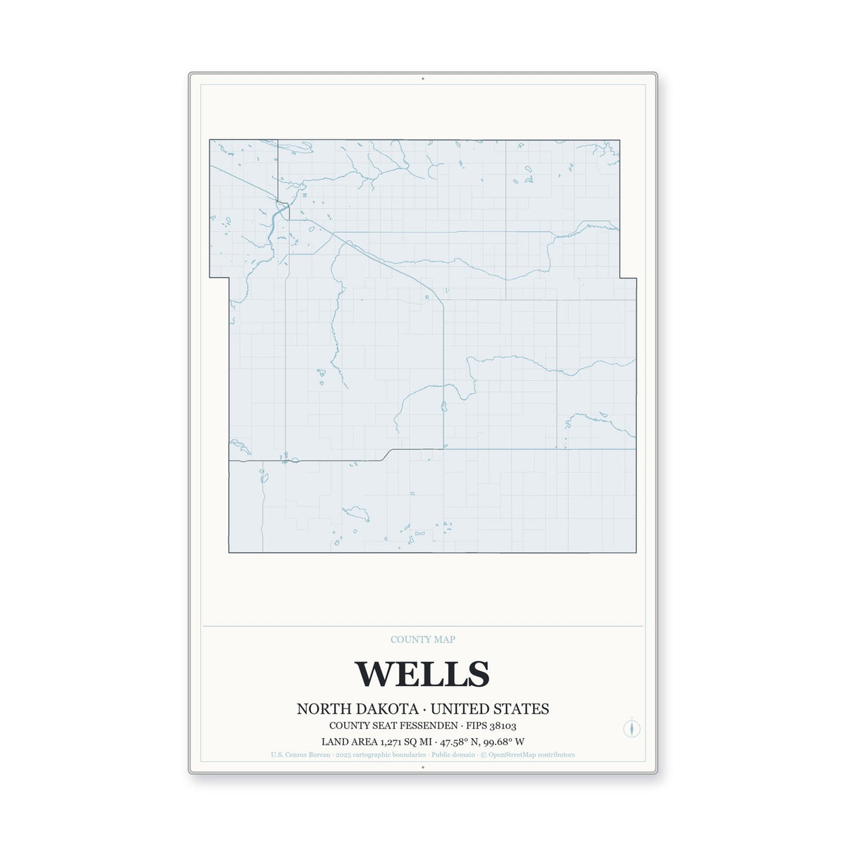 Wells County, North Dakota Map Aluminum Sign in Gallery Air style