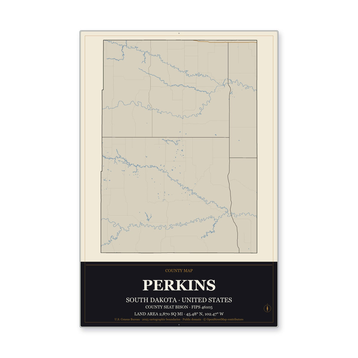 Perkins County, South Dakota Map Aluminum Sign in Museum Plaque style
