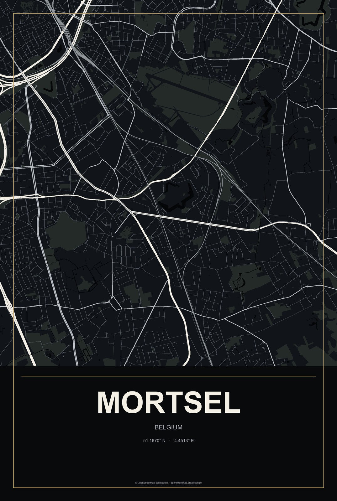 Mortsel, Belgium City Map Aluminum Sign in Metropolitan Noir style