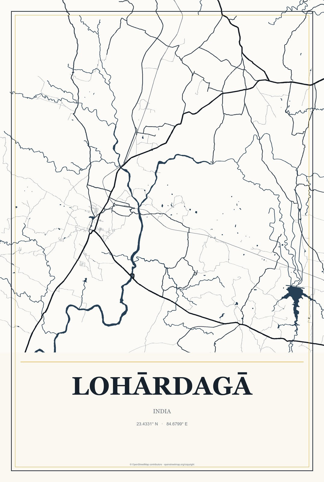 Lohārdagā, India City Map Aluminum Sign in Citrine Modern style