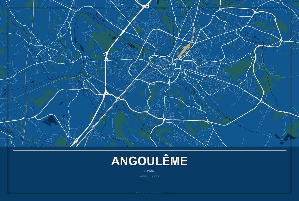 Angoulême, France City Map Aluminum Sign in Harbor Cobalt style